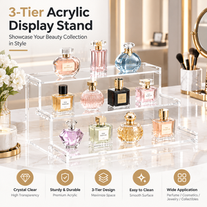 Présentoir rotatif moderne en plastique transparent à 3 niveaux pour maquillage, parfums, organisateur de bureau et collection de figurines - Product Image 1