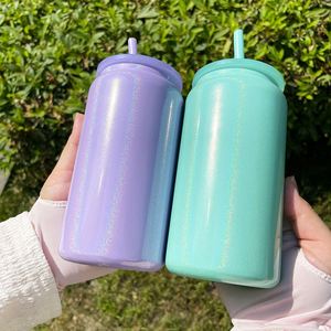 Lot de 25 canettes de soda/bière en acier inoxydable de 16 oz, vierges pour sublimation, avec logo personnalisé, effet holographique scintillant, avec couvercles et pailles - Product Image 3
