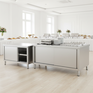 Armoire de <span class=keywords><strong>rangement</strong></span> modulaire en acier inoxydable brossé à porte coulissante, avec table de travail, pour <span class=keywords><strong>cuisine</strong></span> commerciale moderne et économique - Product Image 6
