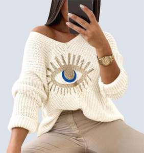 Maglione Oversize Jacquard con Occhio Malvagio per <span class=keywords><strong>Donna</strong></span>, Personalizzato con Scollo a V e Stampa, Antipilling, Estate 2026 - Product Image 1
