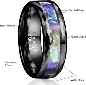 Anéis de joias personalizados de moda banhados a preto com incrustações de abalone e carbeto de tungstênio para homens