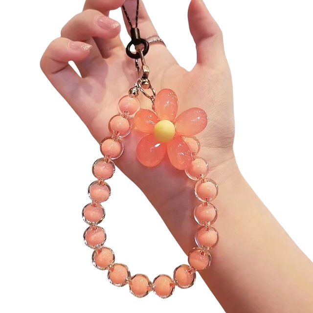 Wholesale Wrist Straps Crystal Bead Bracelet Key Chain Phone Lanyard Phone Charms Flower Mobile Phone Chain Trendy Girl Keychain