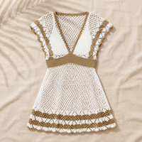 Robe de plage courte pour femme, style bohème, en crochet tricoté, col en V profond, manches courtes à volants, color block, ajourée, cache-maillot