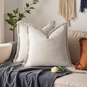 Funda de Almohada Decorativa con Flecos 100% Algodón Puro Lavado |   Funda de Cojín para Sofá de 4 Piezas, Color Sólido Neutro, Estilo Wabi Sabi, con Bordes Deshilachados - Product Image 4