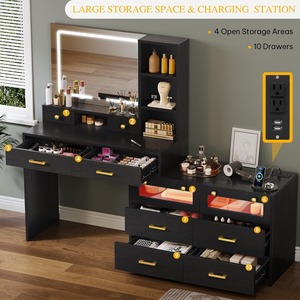 Nhà Cung cấp nhà máy gỗ đen linh hoạt có thể điều chỉnh trang điểm Vanity bàn với gương và đèn RGB Set - Product Image 2