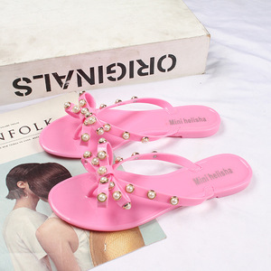 Women Flip-flops Studded Pearls <strong>Bow</strong> <strong>Sandals</strong> Summer Beach Rain Flat Thong Strap Jelly Shoes - Product Image 5
