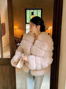 Veste en fourrure de <span class=keywords><strong>renard</strong></span> rose véritable luxueuse pour femmes 2025, réversible, courte, manteau d'hiver, vêtements d'hiver de luxe avec grand col en fourrure - Product Image 6