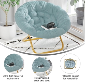 Fauteuil Saucer Pliant Portable Surdimensionné à Cadre Métallique Doré, en Fausse Fourrure Douce Aqua Poussiéreuse, pour Chambre ou Salon - Product Image 6