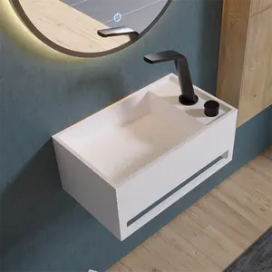 Lavabo de baño de piedra artificial colgante de pared de diseño moderno Lavabo de superficie sólida rectangular con grifo de un solo orificio