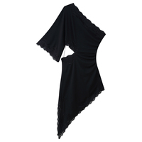 Robe midi décontractée à la mode pour femmes, design asymétrique, manches longues, couleur noire, dentelle