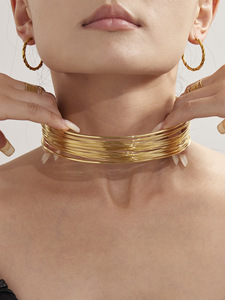 Ensemble de bijoux pour femme en acier inoxydable plaqué or véritable 18 carats, fait main, brossé, style western exagéré, comprenant collier ras-du-cou, bracelet et bague. - Product Image 4