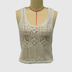 D1203TD49 Women Casual Scoop Neck Sleeveless Hollow Out Knitted Plain Tank Cover Up Sehe Fashion