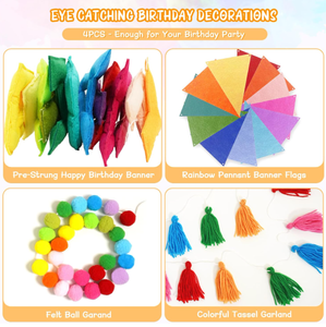 Guirnaldas de Fieltro con Diseño de Arcoíris para Cumpleaños, Banderines, Borlas, Bolas, Decoración para Fiestas de Cumpleaños Infantiles y de Adultos - Product Image 4