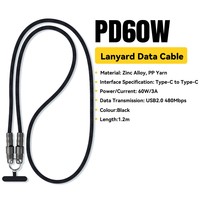 ESSAGER Tali Gantungan Ponsel Crossbody PD 60W Kabel Pengisi Daya Tipe-C ke Tipe-C Kabel Data Kepang 1.2m - Hitam