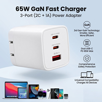 Chargeur rapide GaN 65W, 3 ports, 2C1A, adaptateur mural USB C PD, prise pliable, chargeur d'alimentation pour ordinateur portable, téléphone, tablette, vente en gros OEM