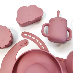 Cấp thực phẩm Silicone trẻ mới biết đi trẻ em Bộ đồ ăn trẻ em Đồ ăn thức ăn hút bé BIB tấm bát muỗng nĩa đặt - Product Image 4