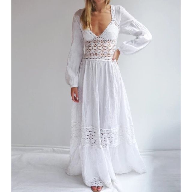 chinese dress ladies Baltic Born Womens Aspen Smocked Lace Maxi Dress | Off White