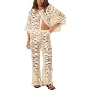 Ensemble deux pièces au crochet personnalisé 2026 pour femme – Chemise ajourée en maille bohème et pantalon large respirant pour les vacances d'été - Product Image 4