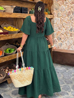 Robe d'été personnalisée à boutons sur le devant, vente en gros, haute qualité, verte à motifs floraux, évasée, longue, midi, grande taille, vêtements pour femmes
