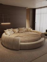 Lit rond rotatif de luxe moderne italien en crème gonflée, matelas king size, cadre de lit rond en senna doux et luxueux