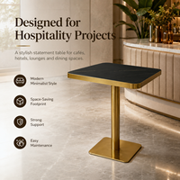 Mesa de Bistro de Piedra Sinterizada Negra de Lujo con Borde Dorado y Base de Pedestal Cuadrado, Muebles Comerciales para Restaurantes