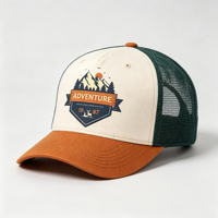 Gorra Trucker de Malla de Cinco Paneles con Visera Curva Bicolor, Logotipo de Parche Tejido Personalizado, para Aventura al Aire Libre y Camping, Venta al por Mayor