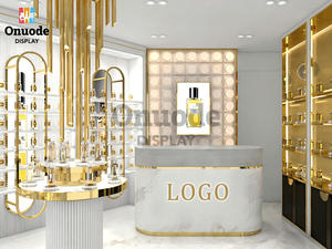 Premium Eco-Friendly Perfume <b>Display</b> <b>Cabinet</b> | Custom White & Gold LED <b>Wall</b> Showcase for Luxury Fragrance Stores (Recyclable) - Product Image 3