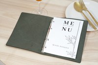 Porte-menu en similicuir vert foncé avec logo en relief personnalisé, format A4, fermeture à quatre anneaux, menu de restaurant, couverture de menu