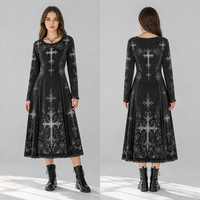 Robe trapèze décontractée pour femme à manches longues, imprimé croix gothique sombre, bordure en dentelle florale vintage