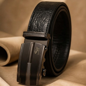 Ceinture pour homme en simili cuir de crocodile, boucle automatique à cliquet, élégante, formelle et décontractée, en vente - Product Image 4