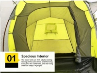 Tente de luxe à deux étages pour 4 à 6 personnes, idéale pour le camping familial et la randonnée en plein air, avec des poteaux en fibre de verre à armature droite