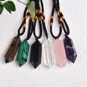 Đá Tự Nhiên Đôi Nhọn Pha Lê Cột Dây Chuyền Mặt Dây Chuyền Năng Lượng Fluorit Amethyst Obsidian Đá Quý Mặt Dây Chuyền Hình Lục Giác Quyến Rũ