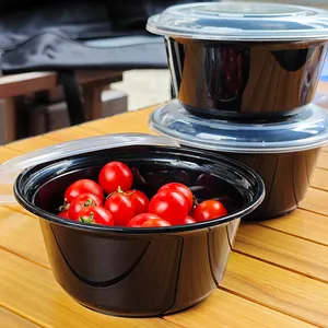 Ready To Ship 37 OZ Black Round Plastic PP Microwave-Safe Bowl With Lid Disposable Plastic 1100ml Bowl Food Container