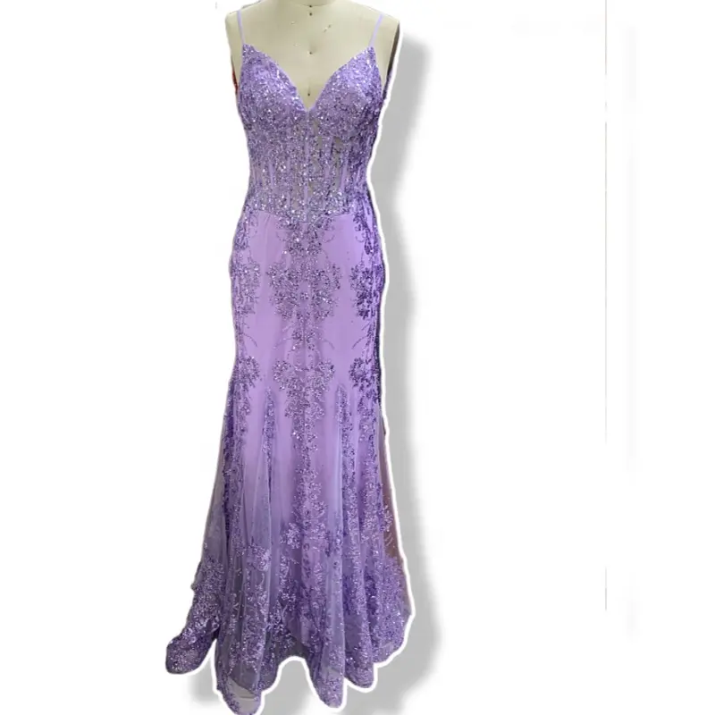 2022 sexy party lilas purple formal prom vintage boned corset tulle deep V Neck Mermaid evening gowns