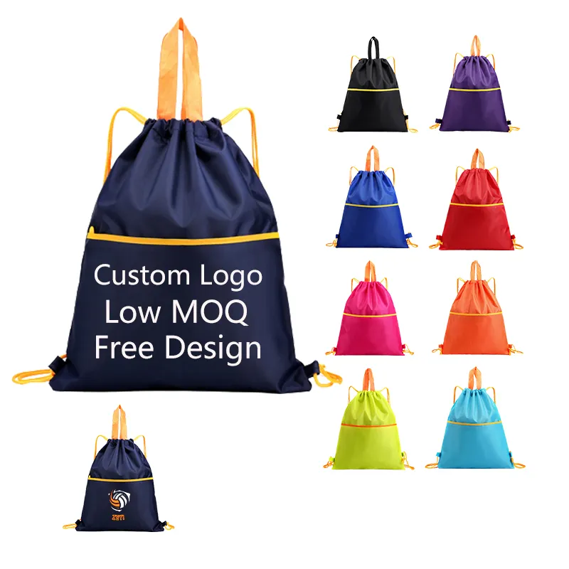 Promotional Custom Logo LOW MOQ Nylon Polyester 420D Waterproof Drawstring Backpack Gym Bags Sports Drawstring Bag with Zipper