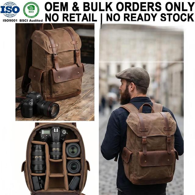 OEM/ODM Vintage Waxed Canvas Leather Camera Backpack Multi-functional Camera Rucksack with Shockproof Padded Insert