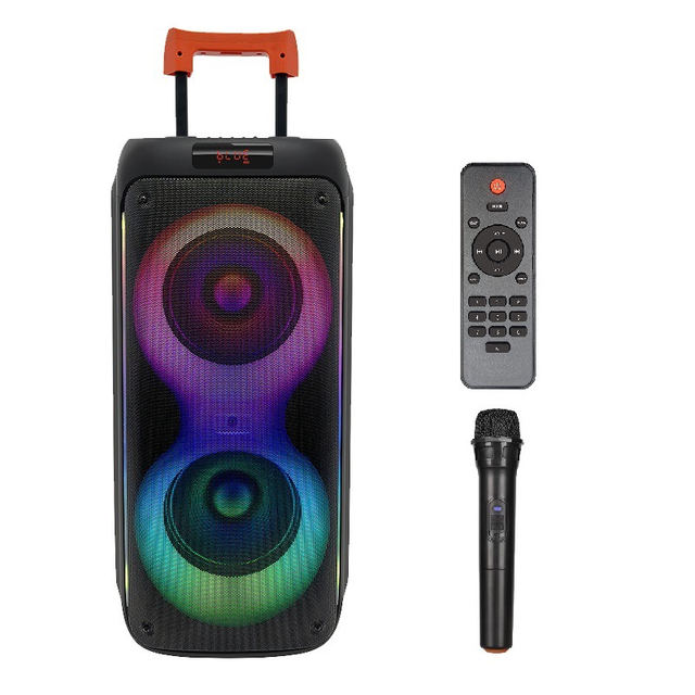 New Dual 8" RGB Light Trolley Speakers for 5.0 Wireless Mic for Outdoor Stage Computer Mobile Phone Aux Guitar Bass Combo