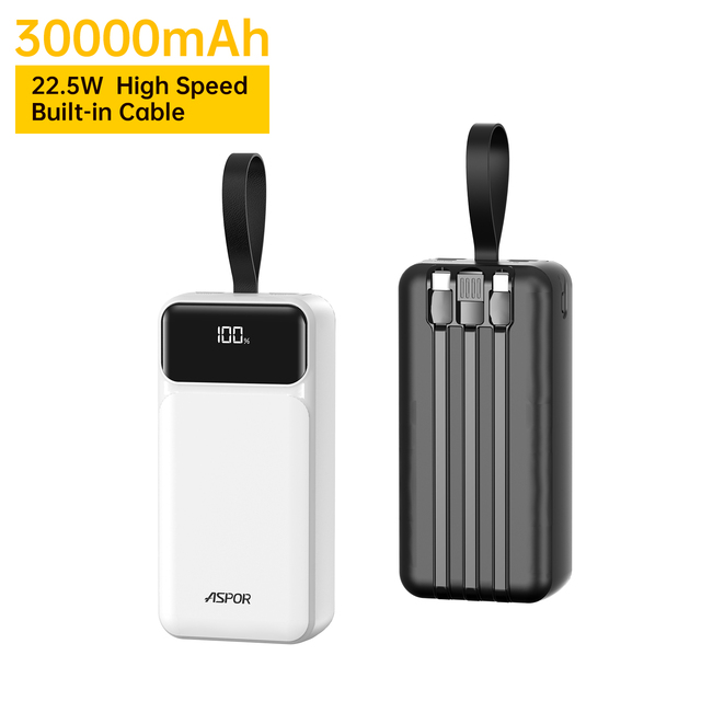 ASPOR A317 30000mAh 22.5W Fast Charging Power Bank with Built-in Cables, Portable Charger with LCD Display for Travel