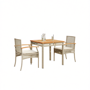 Set da Pranzo da Giardino in Rattan PE Beige per 2 Persone, Arredamento da Esterno Resistente alle Intemperie, Design Contemporaneo con Piano in Teak - Product Image 1