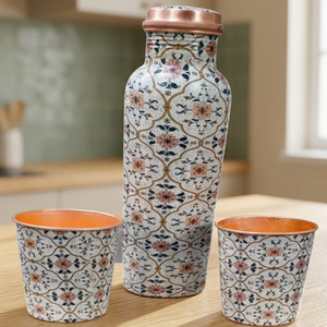 Floral Pattern Copper Water Bottle Set with Two Cups Portable <b>Drinkware</b> for Home and Travel - Indian Home Crafts - Product Image 3