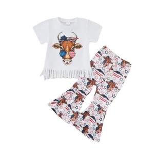 Ensemble de vêtements personnalisés pour bébé fille, vêtements pour enfants, vêtements décontractés pour enfants, ensemble haut à manches courtes et pantalon pattes d'éléphant - Product Image 4