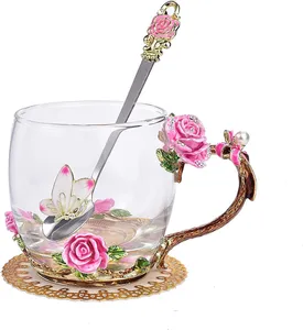 Tasse à café en verre transparent avec fleur papillon en émail 11oz, tasse à thé, tasse à lait, tasse à papillon, ensemble cadeau pour maman, enseignant, anniversaire de petite amie