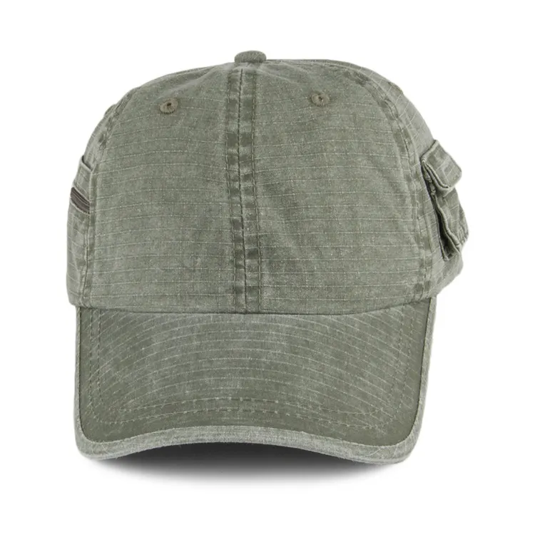 High quality Strylish Olive 6 Panel Washed Cotton custom Design zipper Pocket baseball caps hats for men