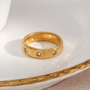 Stainless Steel Sun Pattern Zircon Inlaid Band <b>Ring</b> Vintage Textured Stackable <b>Statement</b> Finger <b>Ring</b> For Women Daily Jewelry - Product Image 2