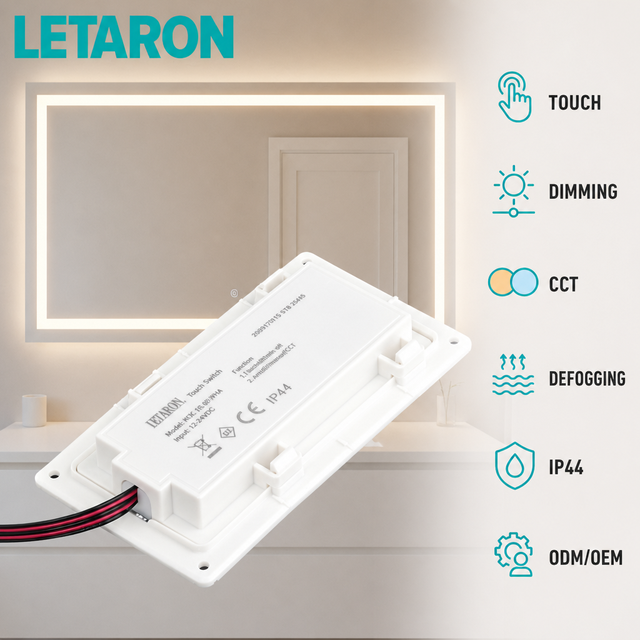 IP44 Waterproof Smart Touch Dimming CCT Switch with Defogging Sensor for 12V 24V Bathroom LED Mirror Lighting System