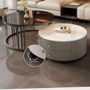 Modern Lüks Mermer Görünümlü Sinterlenmiş Taş Üstlü Yuvarlak Sehpa Seti, Çekmeceli ve 360 Derece Dönebilen °   Oturma Odası İçin Dönüş - Product Image 2