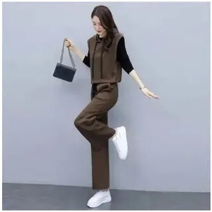 Women's Three Piece Suit Set Hooded Sleeveless Top Wide Leg Pants Casual Wear Black Coffee Color Polyester Knitted - Product Image 4