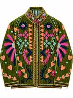 Blouson Bomber Femme Vert Olive en Velours Brodé Multicolore Uni à Manches Longues Col Montant Mode Artisanale Export B2B Coton