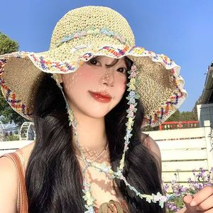 Sombrero de paja de encaje colorido con ala ancha, plegable, protección solar, sombrero de playa para mujer, estilo Y2K de verano - Product Image 2