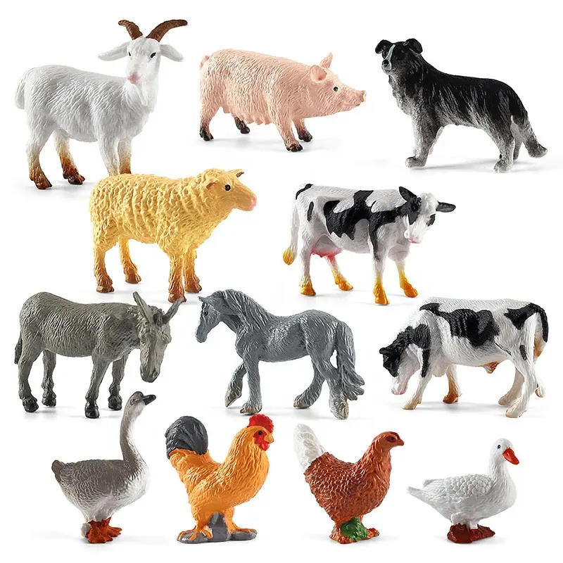 12pcs Realistische simulierte Geflügel Action figur Bauernhof Hund Ente Hahn Modelle Bildung Spielzeug Miniatur Tierfiguren Großhandel